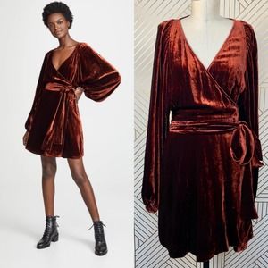 A.L.C. Carlo Velvet Long Sleeve Wrap Dress Cognac